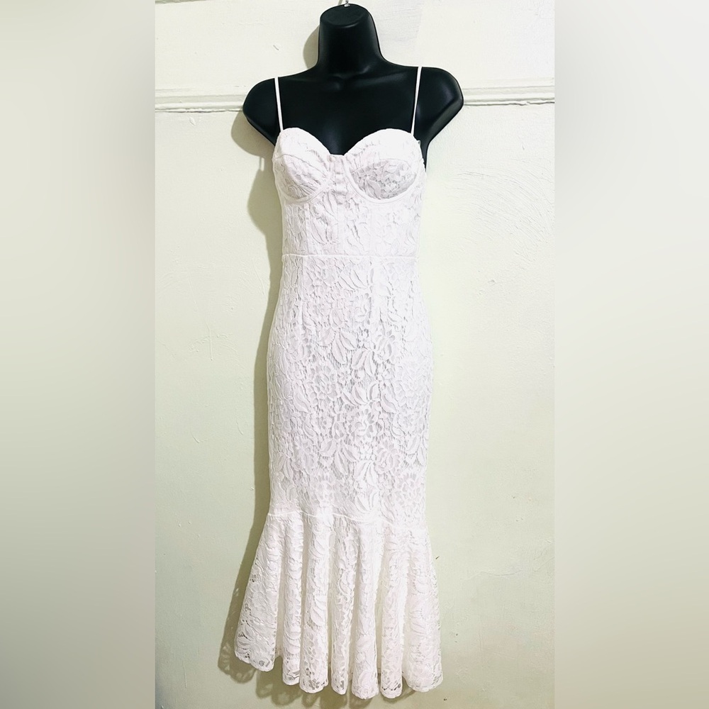 Lulu's Elegant Strapless White Lace Mermaid Maxi Slip Dress
